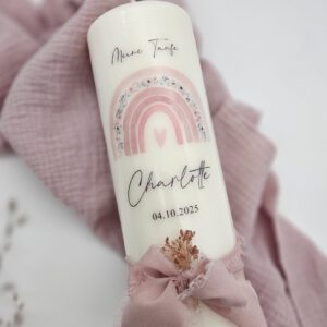 Taufkerze 'Amelie' mit floralem Regenbogen in rosa/altrosa | 34,90 €